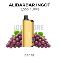 Alibarbar Ingot Grape 15000 Puffs gold pod kit beside two bunches of purple grapes