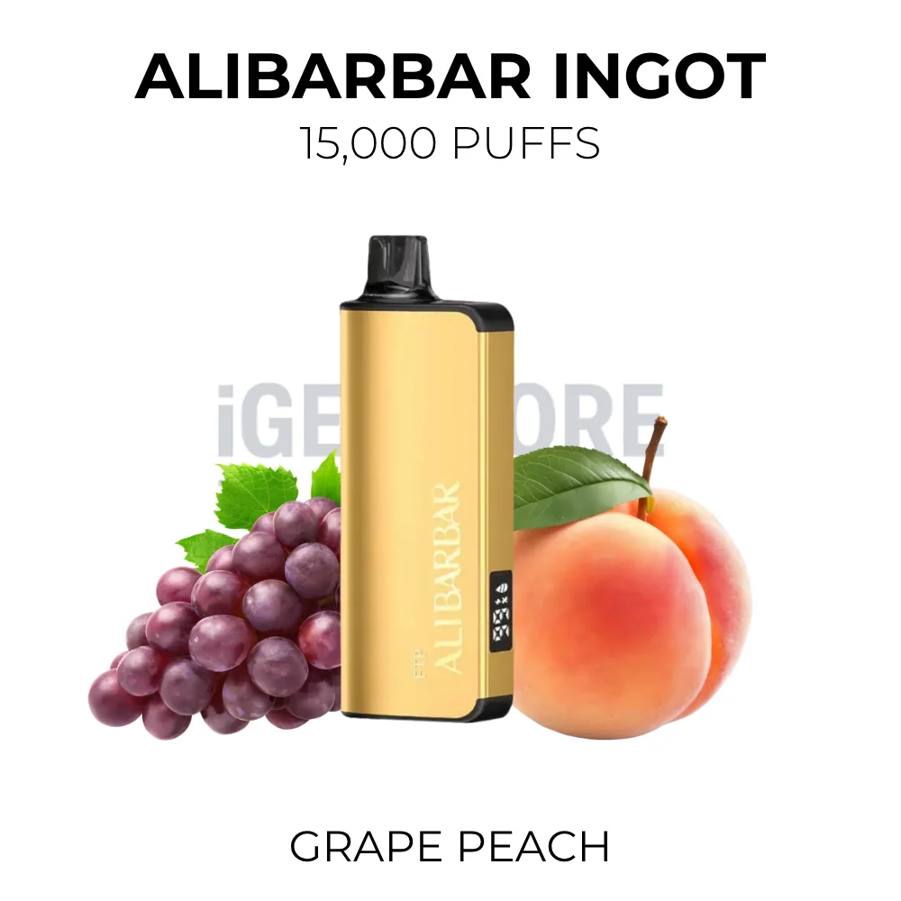 Alibarbar Ingot Grape Peach 15000 Puffs gold pod kit beside a grape bunch and ripe peach