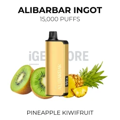 Alibarbar Ingot Pineapple Kiwifruit 15000 Puffs gold pod kit beside halved kiwifruit and fresh pineapple