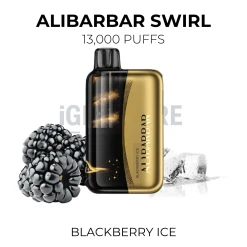 Alibarbar Swirl Blackberry Ice 13000 Puffs disposable vape beside blackberries and ice cubes