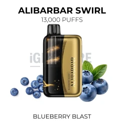 Alibarbar Swirl Blueberry Blast 13000 Puffs disposable vape beside piles of fresh blueberries
