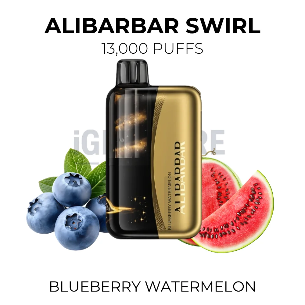 Alibarbar Swirl Blueberry Watermelon 13000 Puffs disposable vape beside blueberries and watermelon slices