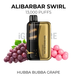 Alibarbar Swirl Hubba Bubba Grape 13000 Puffs disposable vape beside purple grapes and pink bubblegum