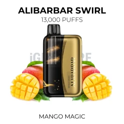 Alibarbar Swirl Mango Magic 13000 Puffs disposable vape beside ripe cubed mangoes