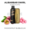 Alibarbar Swirl Passionfruit Bubblegum 13000 Puffs disposable vape beside passionfruit and pink bubblegum balls
