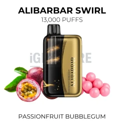 Alibarbar Swirl Passionfruit Bubblegum 13000 Puffs disposable vape beside passionfruit and pink bubblegum balls