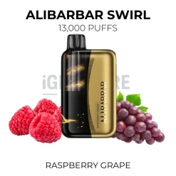 Alibarbar Swirl Raspberry Grape 13000 Puffs disposable vape beside raspberries and purple grapes