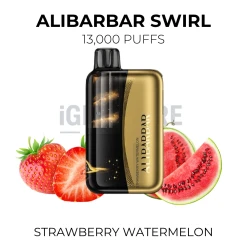 Alibarbar Swirl Strawberry Watermelon 13000 Puffs disposable vape beside fresh strawberries and watermelon slices