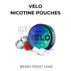 VELO Berry Frost 14mg nicotine pouch can beside raspberry and ice cubes