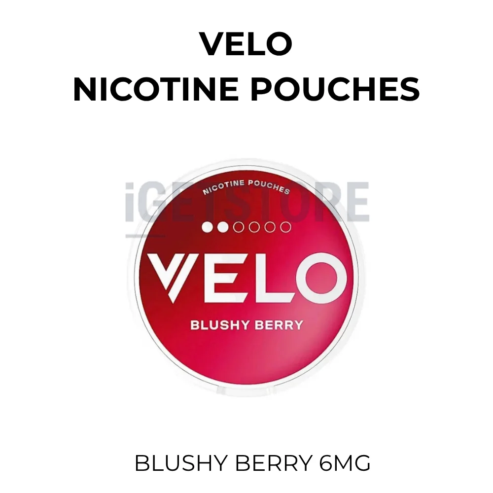 VELO Blushy Berry 6mg slim nicotine pouch can in red berry colours