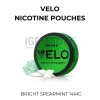VELO Bright Spearmint 14mg nicotine pouch can beside fresh mint leaves