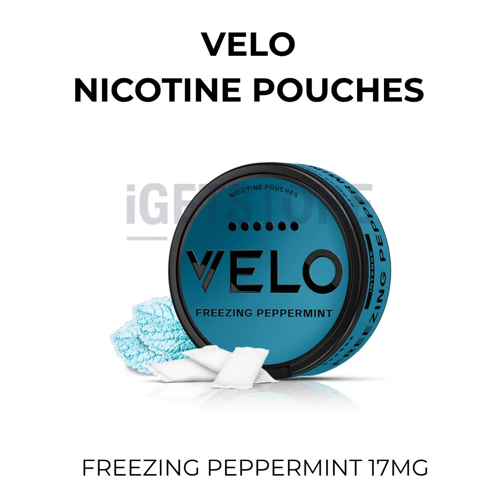 VELO Freezing Peppermint 17mg nicotine pouch can beside frosted mint leaves
