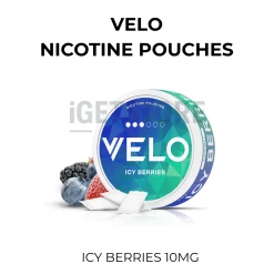 VELO Icy Berries 10mg nicotine pouch can beside blueberries, blackberries and strawberries