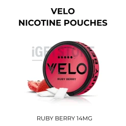 VELO Ruby Berry 14mg nicotine pouch can beside fresh strawberries