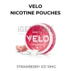 VELO Strawberry Ice 10mg nicotine pouch can beside a frosted strawberry