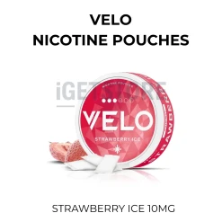 VELO Strawberry Ice 10mg nicotine pouch can beside a frosted strawberry
