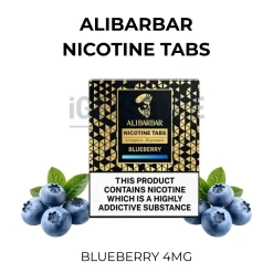 ALIBARBAR Blueberry Nicotine Tabs 4mg pack beside fresh blueberries