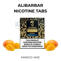 ALIBARBAR Mango Nicotine Tabs 4mg pack beside ripe mango and mango slices
