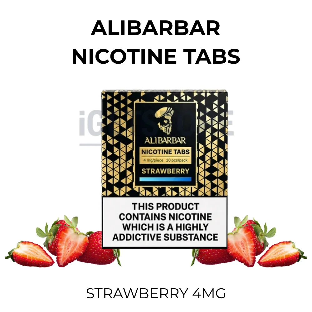 ALIBARBAR Strawberry Nicotine Tabs 4mg pack beside fresh strawberries